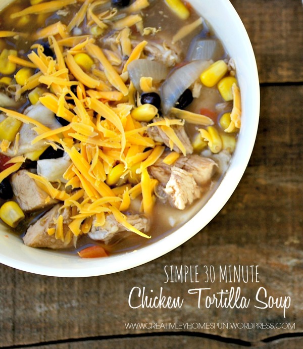 Simple Chicken Tortilla Soup! Only takes 30 Minutes to make!! My kinda meal! Easy for busy school nights. #familydinner #dinner #quickmeals #chicken #soup